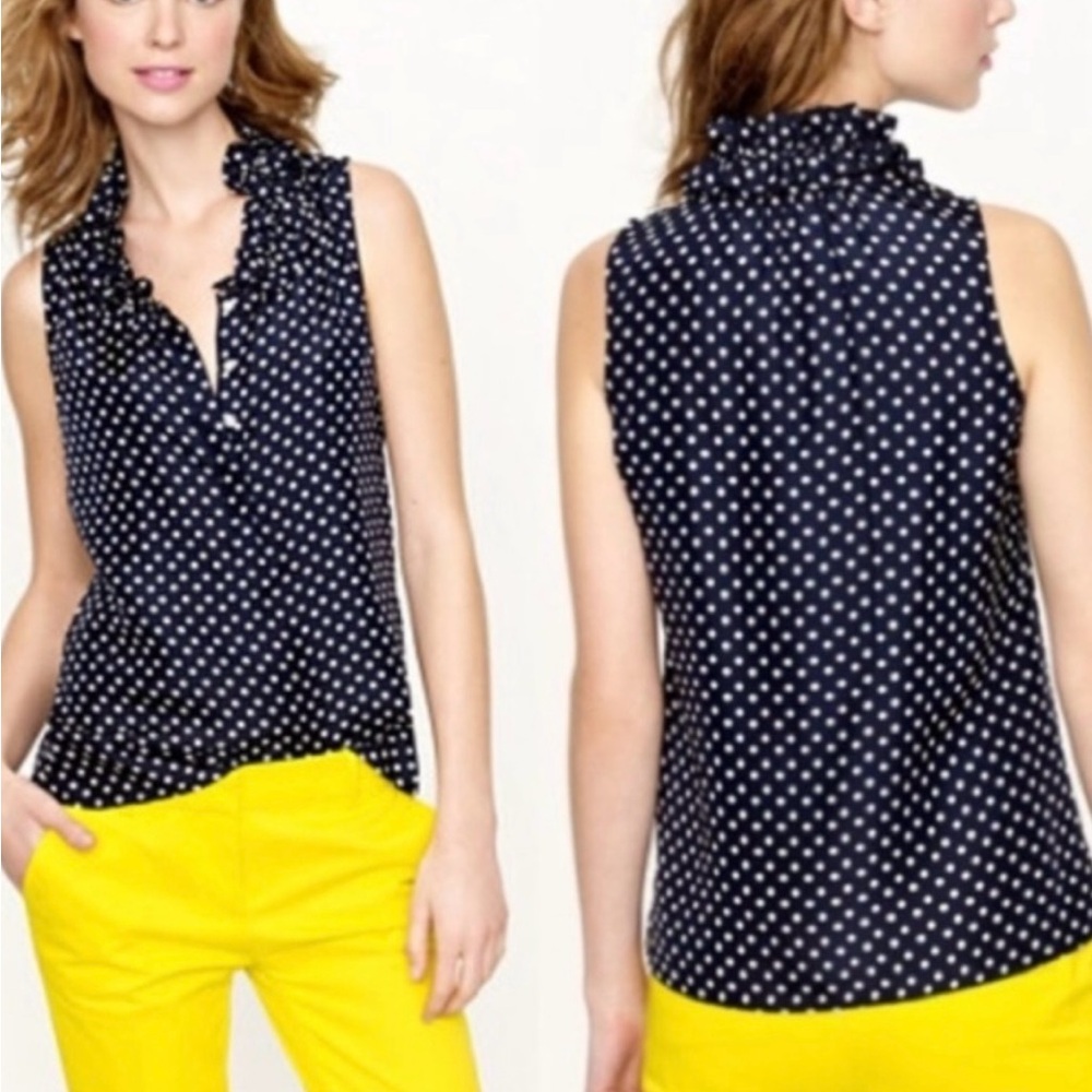 J. Crew 100% silk navy blue Polka Dot Sleeveless blouse, size 00 business casual